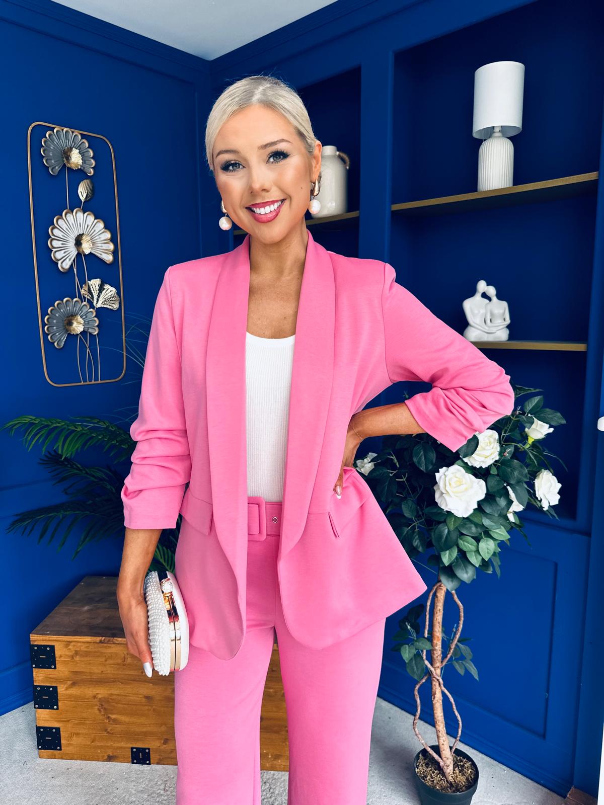 Danika Ruched Blazer & Belted Trouser Set Cerise