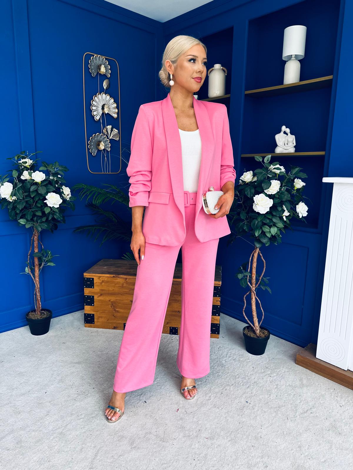 Danika Ruched Blazer & Belted Trouser Set Cerise