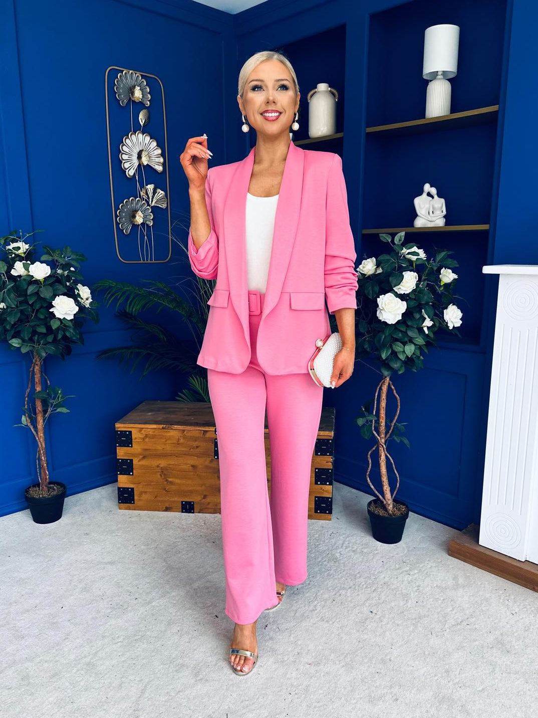 Danika Ruched Blazer & Belted Trouser Set Cerise