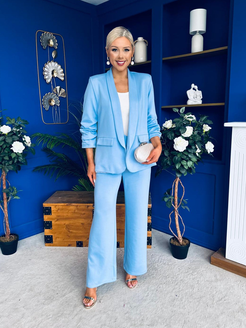 Danika Ruched Blazer & Belted Trouser Set Pwr Blue