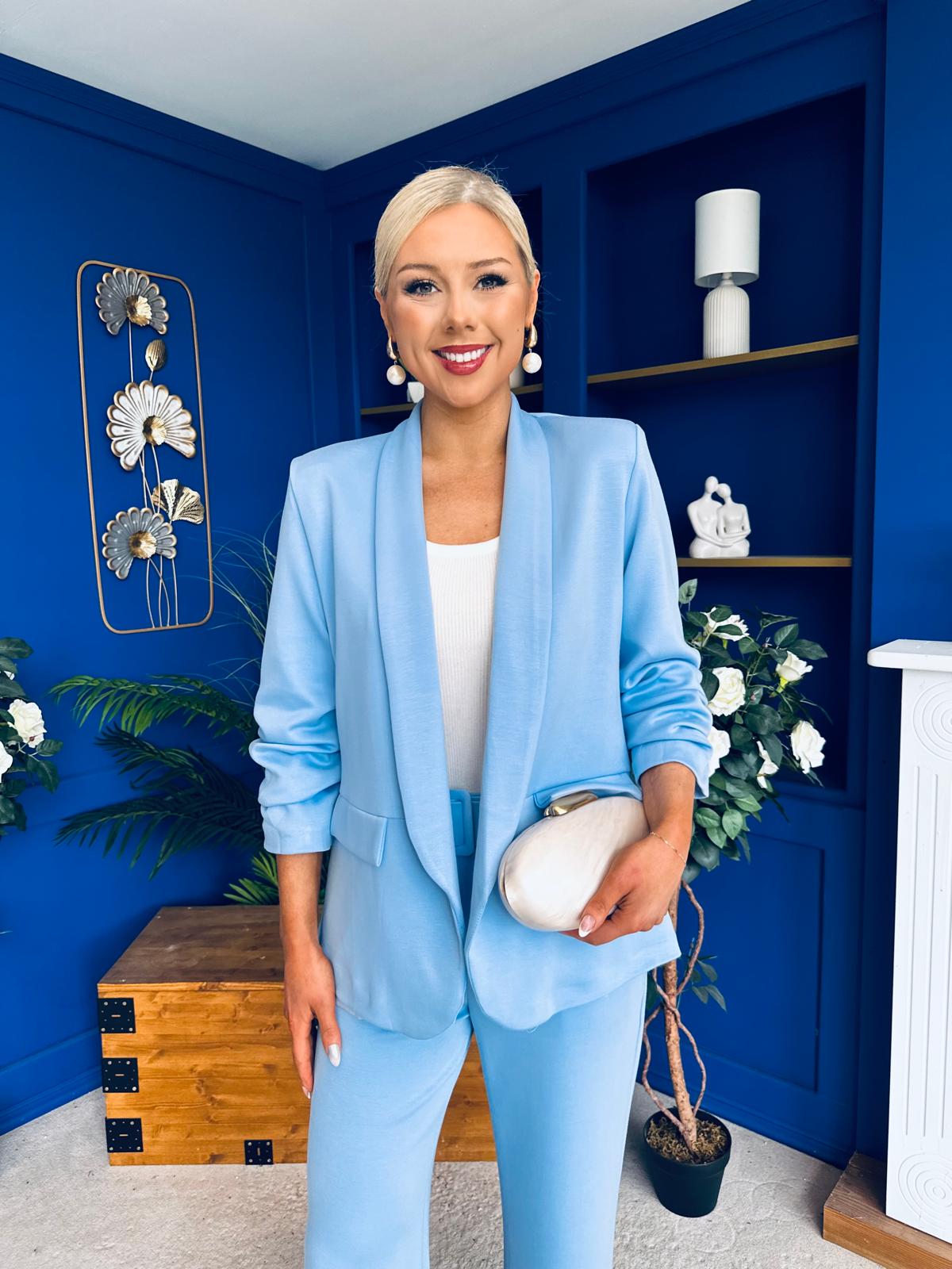 Danika Ruched Blazer & Belted Trouser Set Pwr Blue
