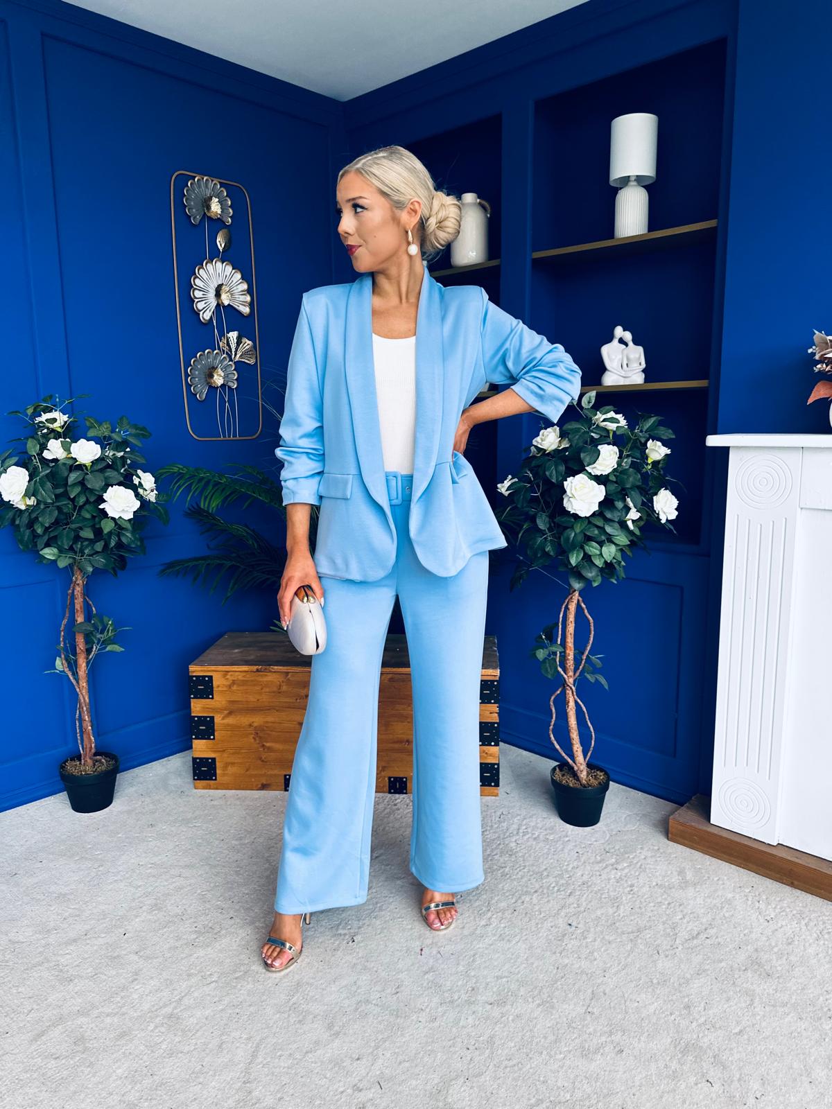 Danika Ruched Blazer & Belted Trouser Set Pwr Blue