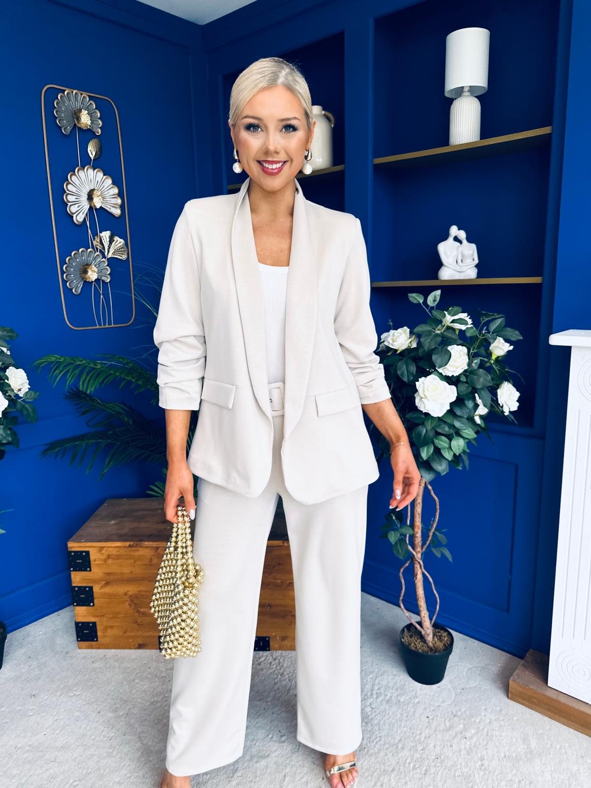 Danika Ruched Blazer & Belted Trouser Set Almond