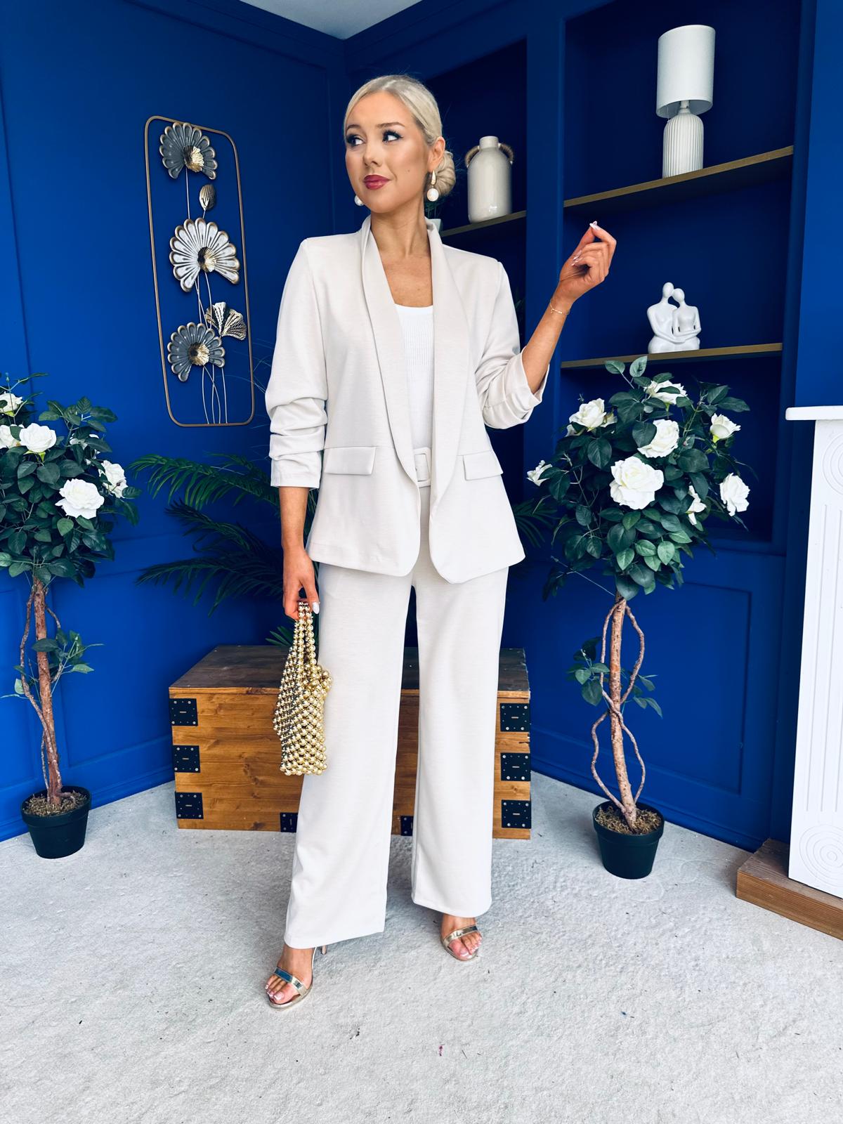 Danika Ruched Blazer & Belted Trouser Set Almond