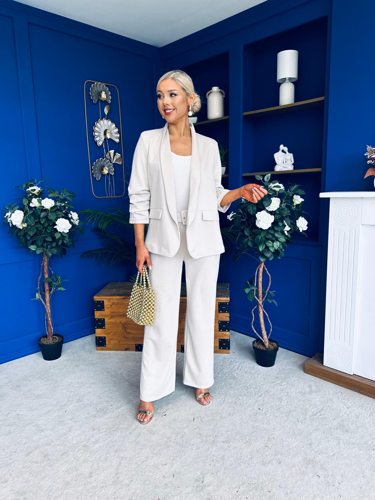 Danika Ruched Blazer & Belted Trouser Set Almond