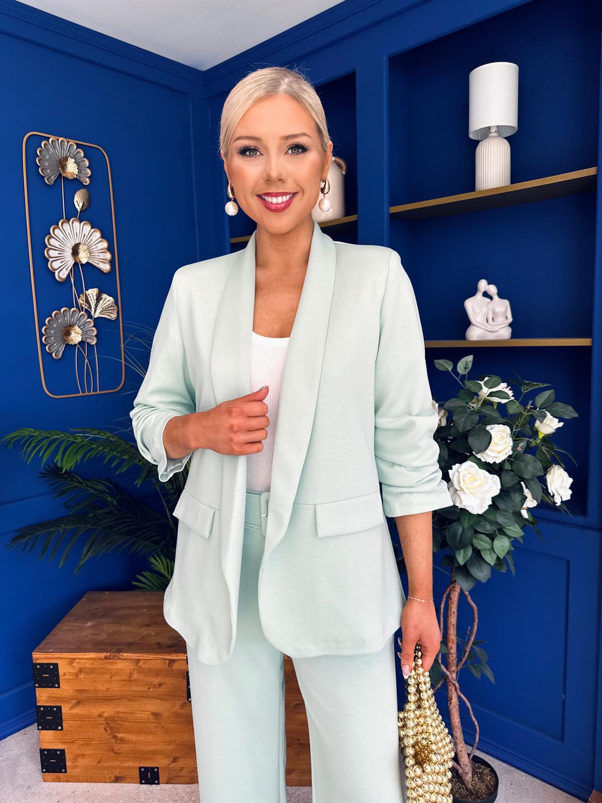 Danika Ruched Blazer & Belted Trouser Set Mint