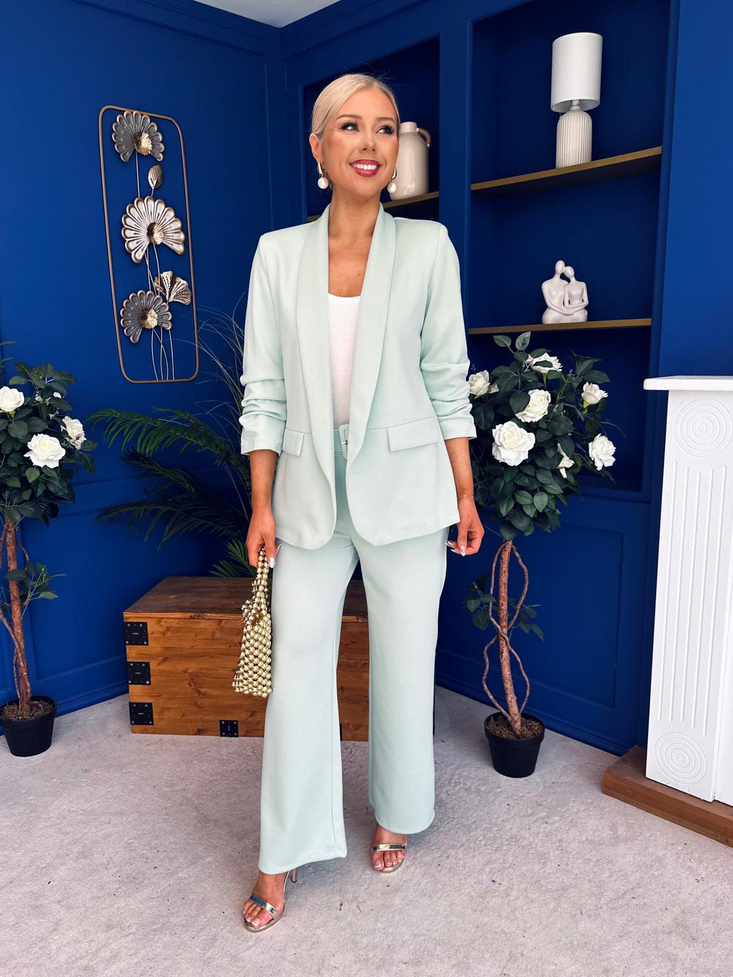 Danika Ruched Blazer & Belted Trouser Set Mint