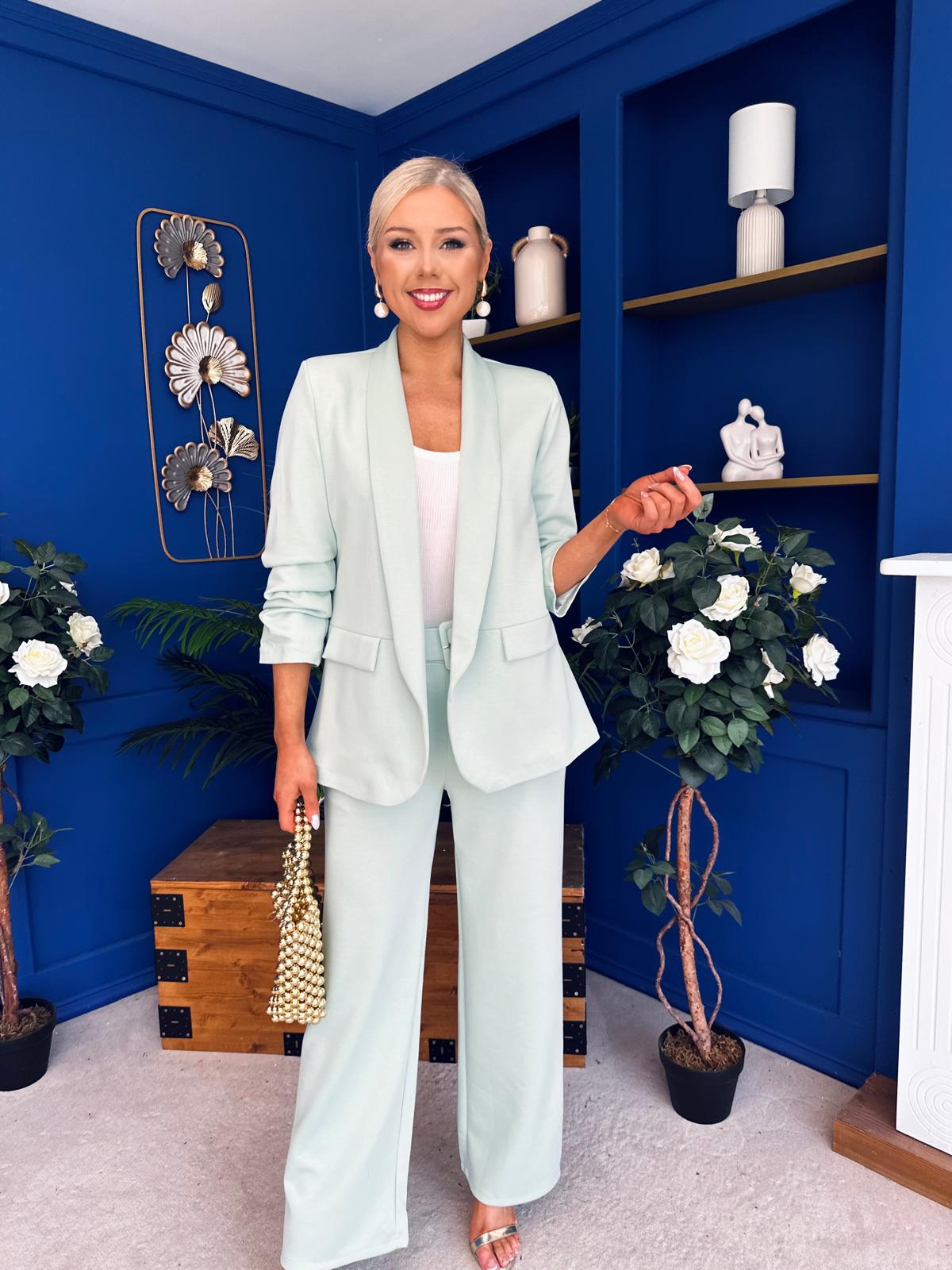Danika Ruched Blazer & Belted Trouser Set Mint