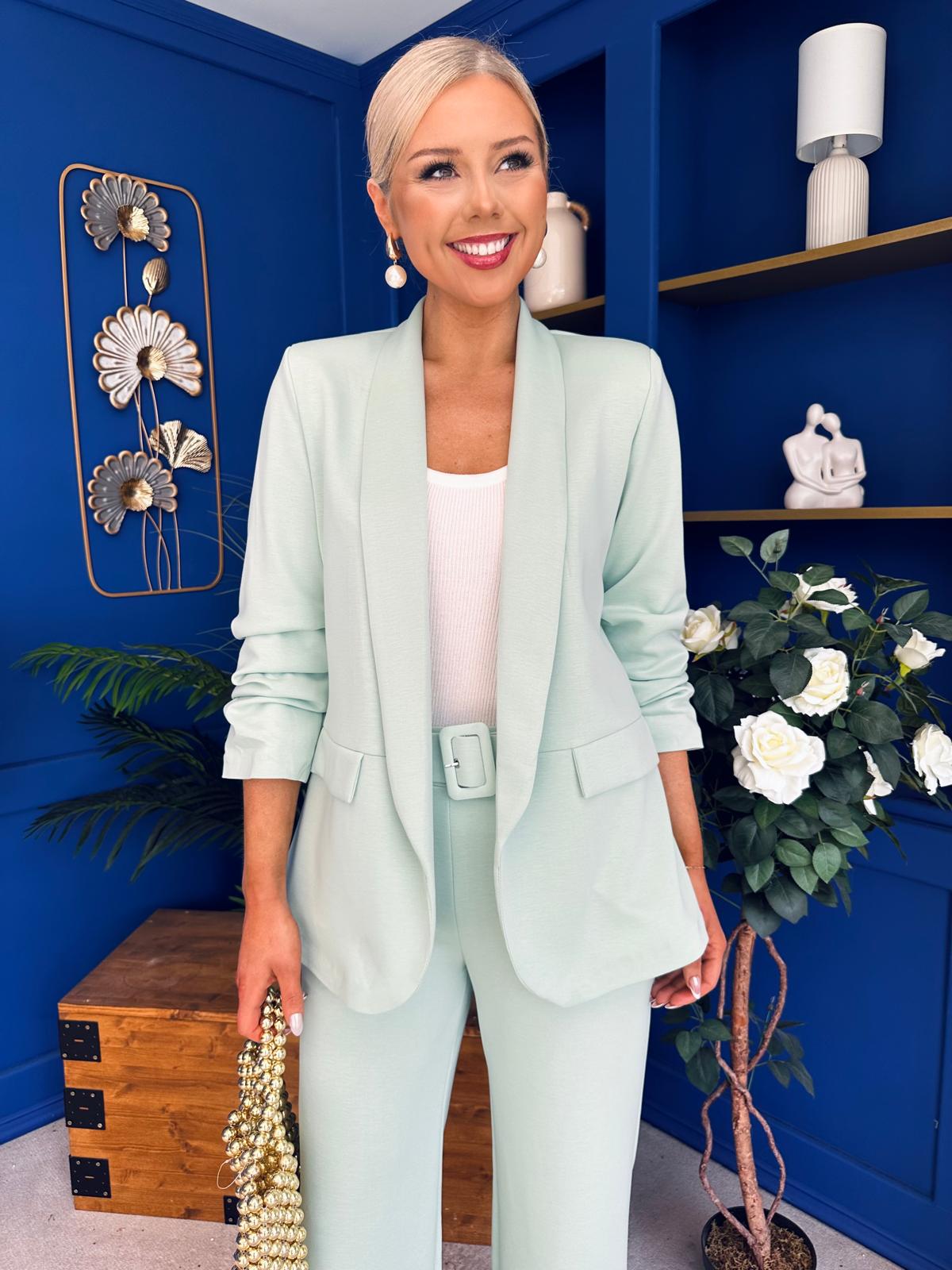Danika Ruched Blazer & Belted Trouser Set Mint