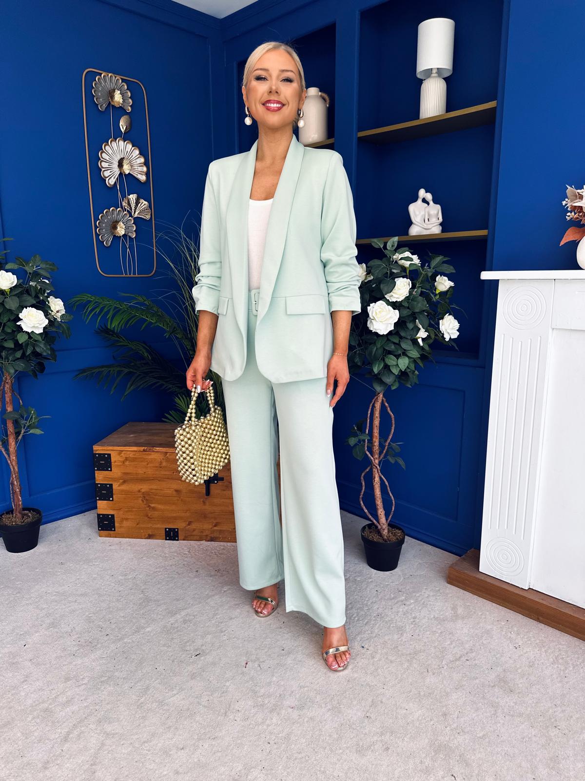 Danika Ruched Blazer & Belted Trouser Set Mint