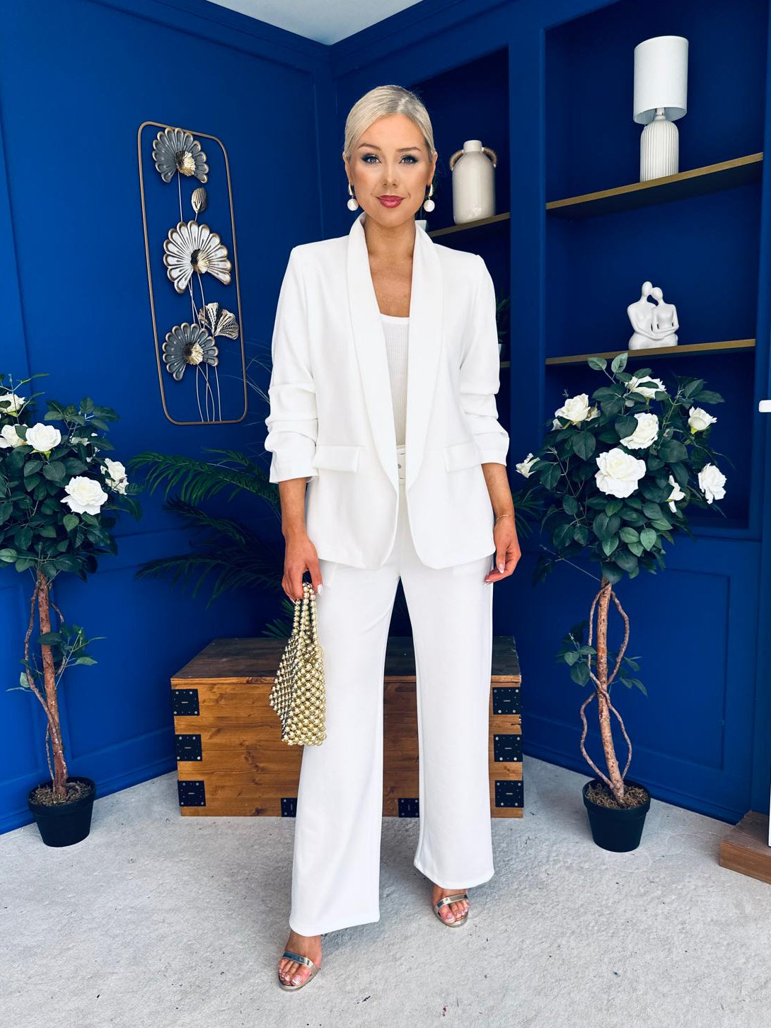 Danika Ruched Blazer & Belted Trouser Set White