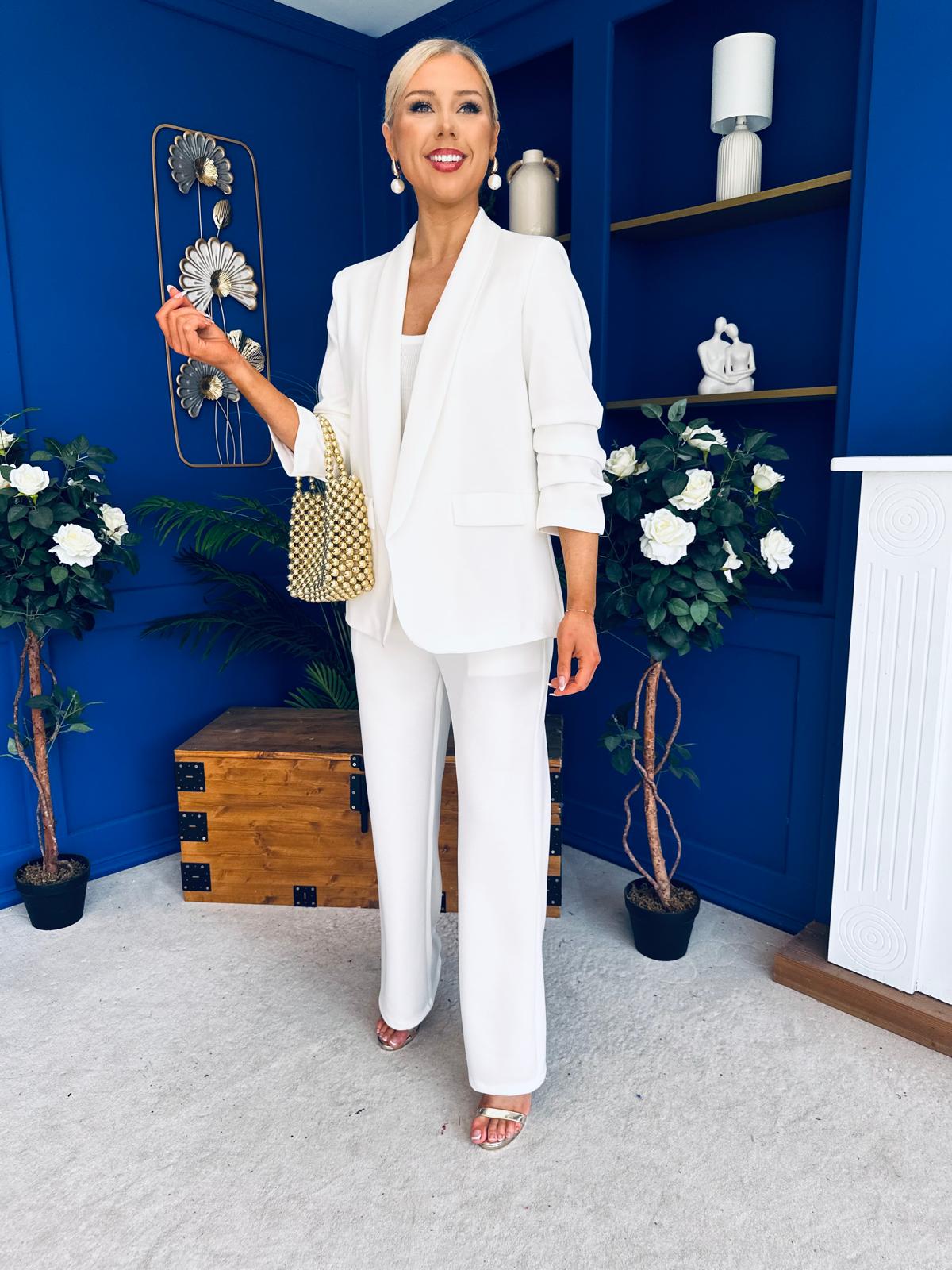 Danika Ruched Blazer & Belted Trouser Set White