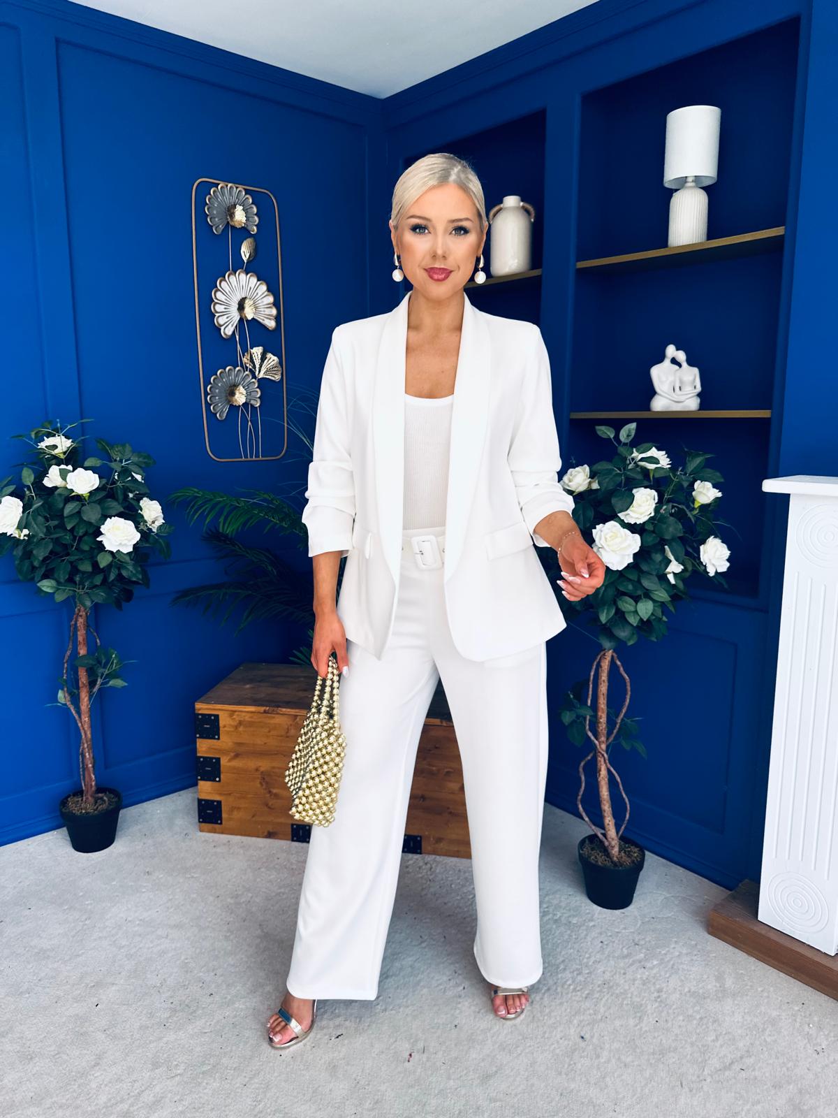 Danika Ruched Blazer & Belted Trouser Set White