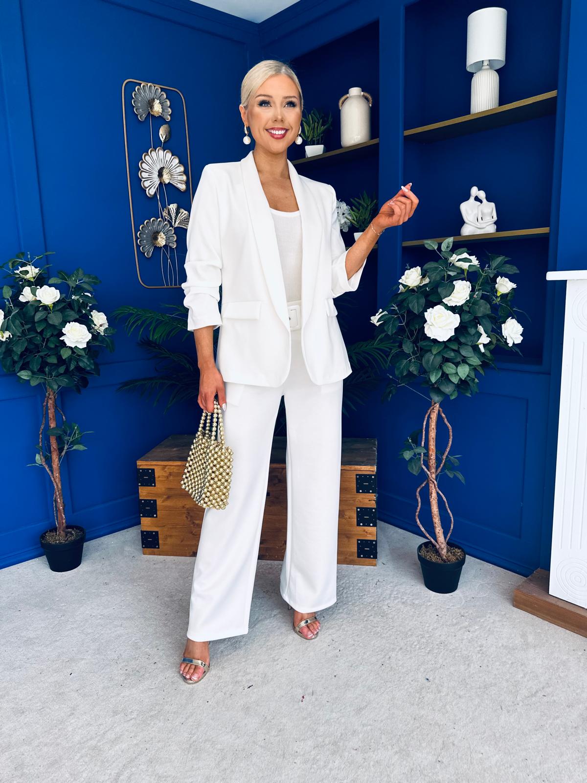 Danika Ruched Blazer & Belted Trouser Set White