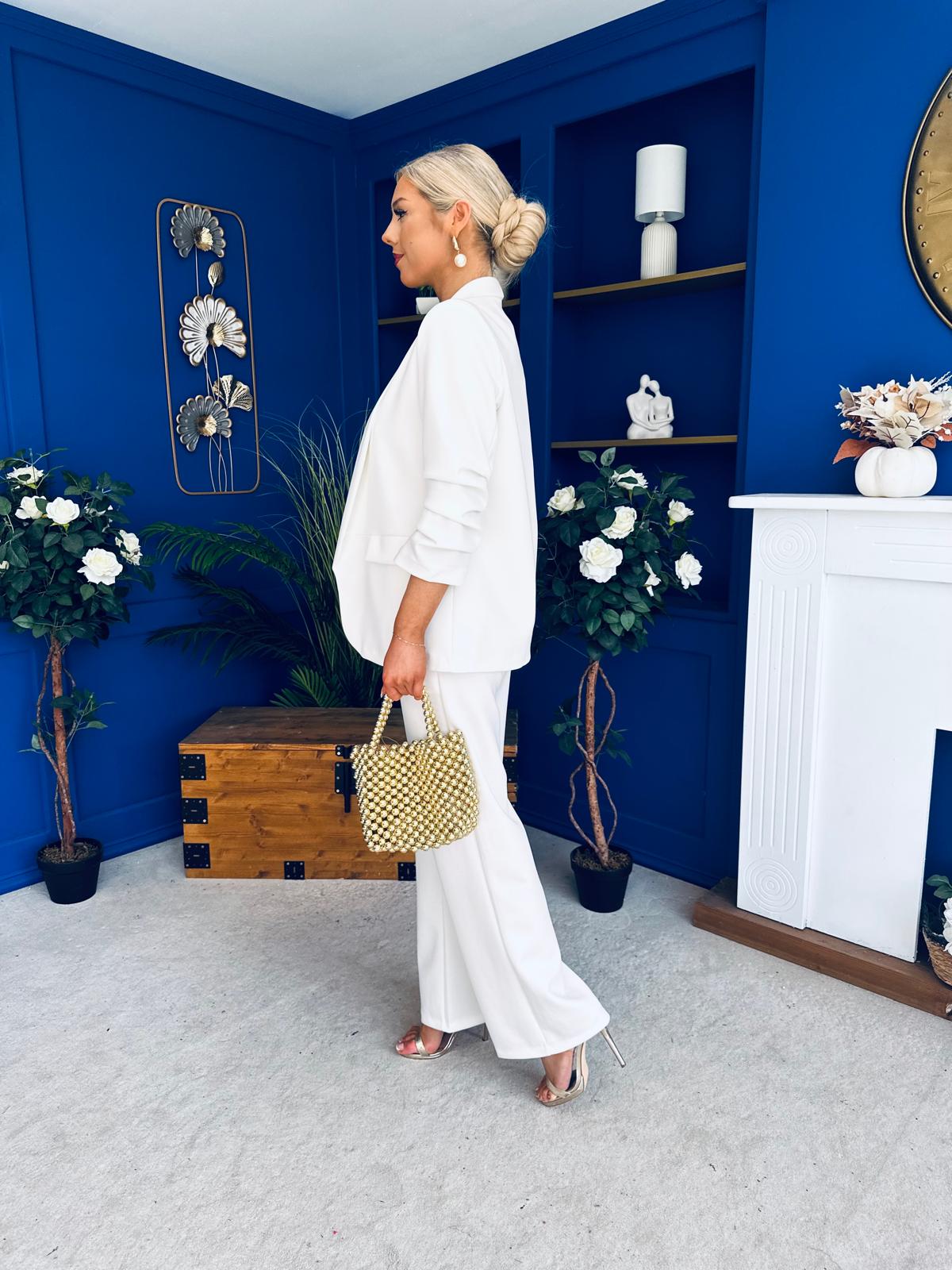 Danika Ruched Blazer & Belted Trouser Set White