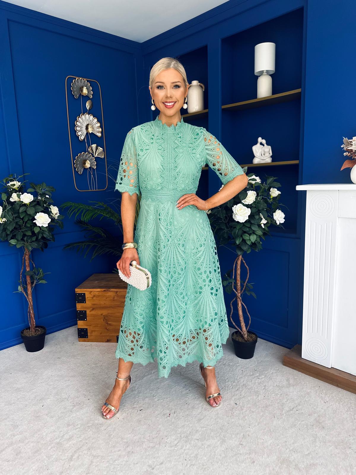 Alva Crochet Detail Occasion Dress Green
