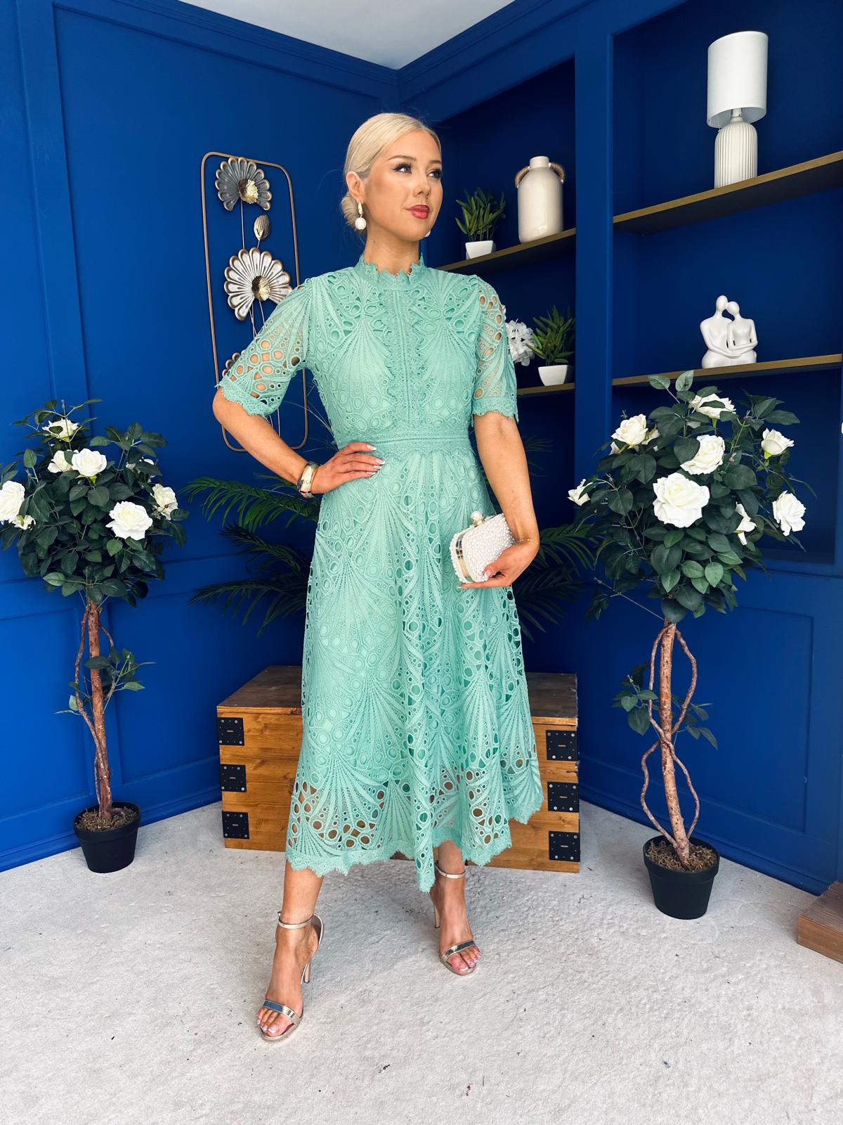 Alva Crochet Detail Occasion Dress Green