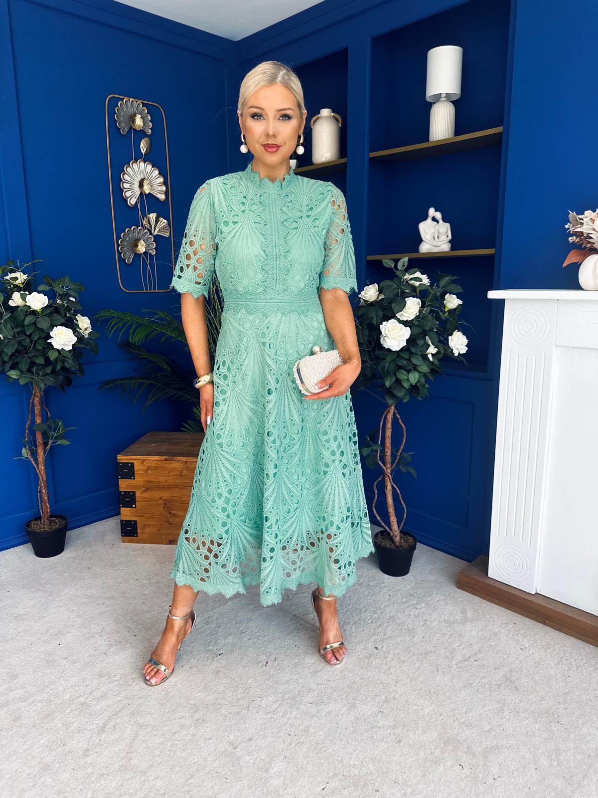 Alva Crochet Detail Occasion Dress Green