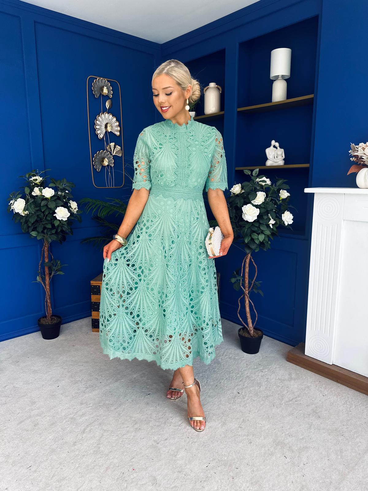 Alva Crochet Detail Occasion Dress Green