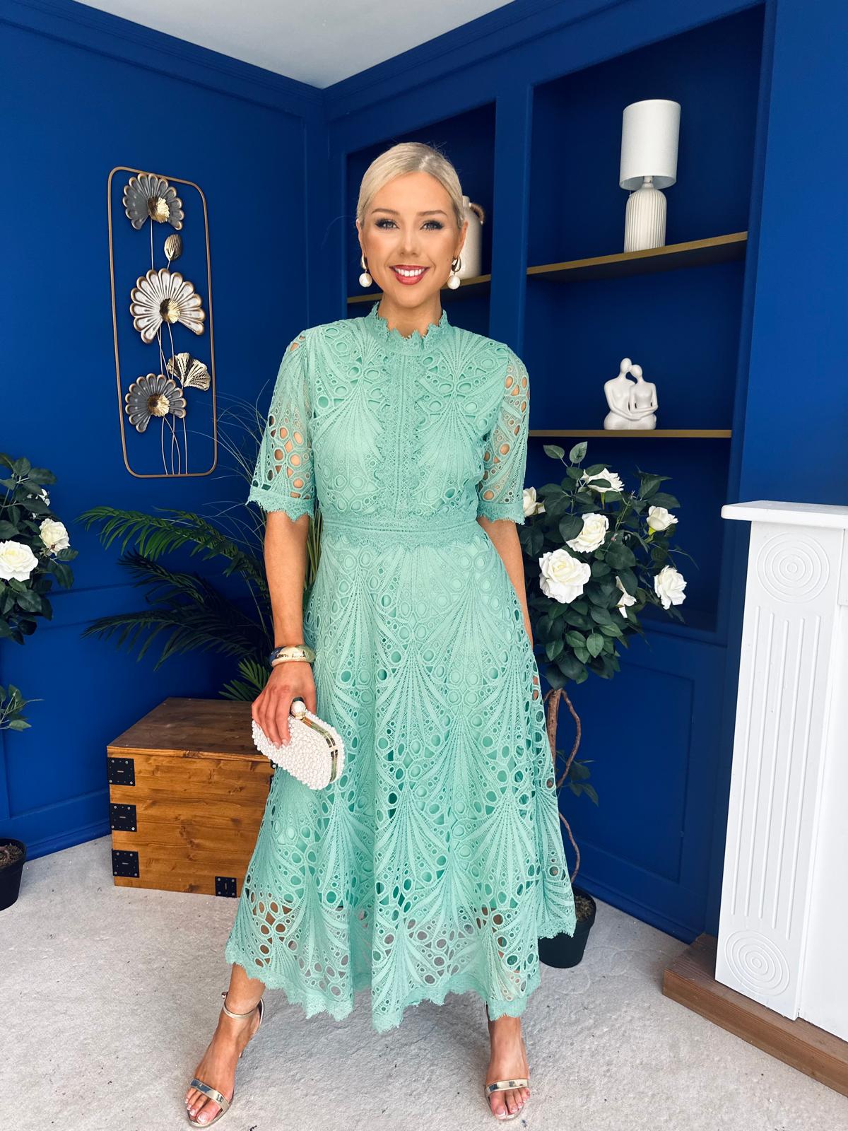 Alva Crochet Detail Occasion Dress Green