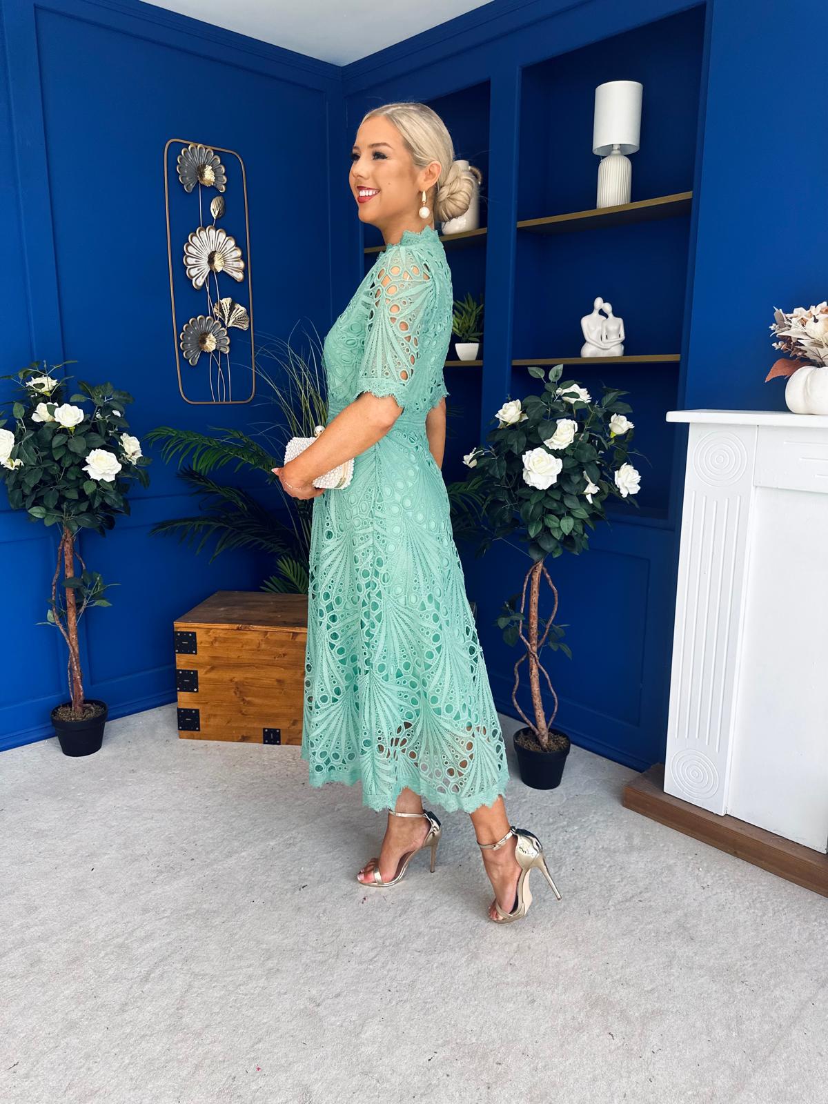 Alva Crochet Detail Occasion Dress Green