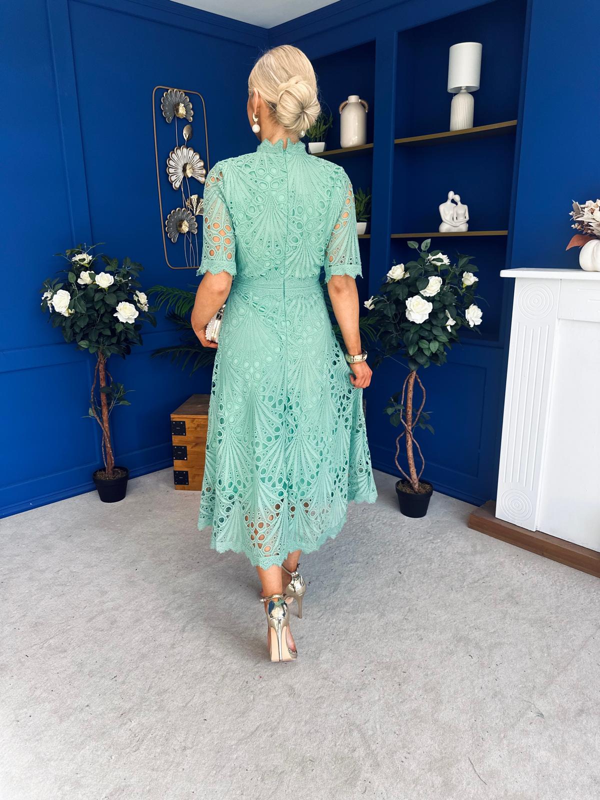 Alva Crochet Detail Occasion Dress Green