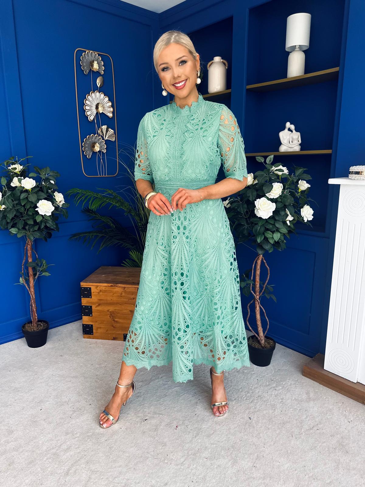 Alva Crochet Detail Occasion Dress Green