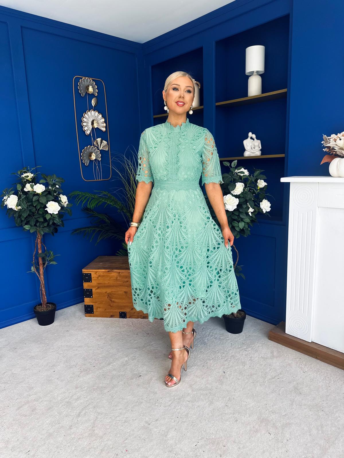 Alva Crochet Detail Occasion Dress Green