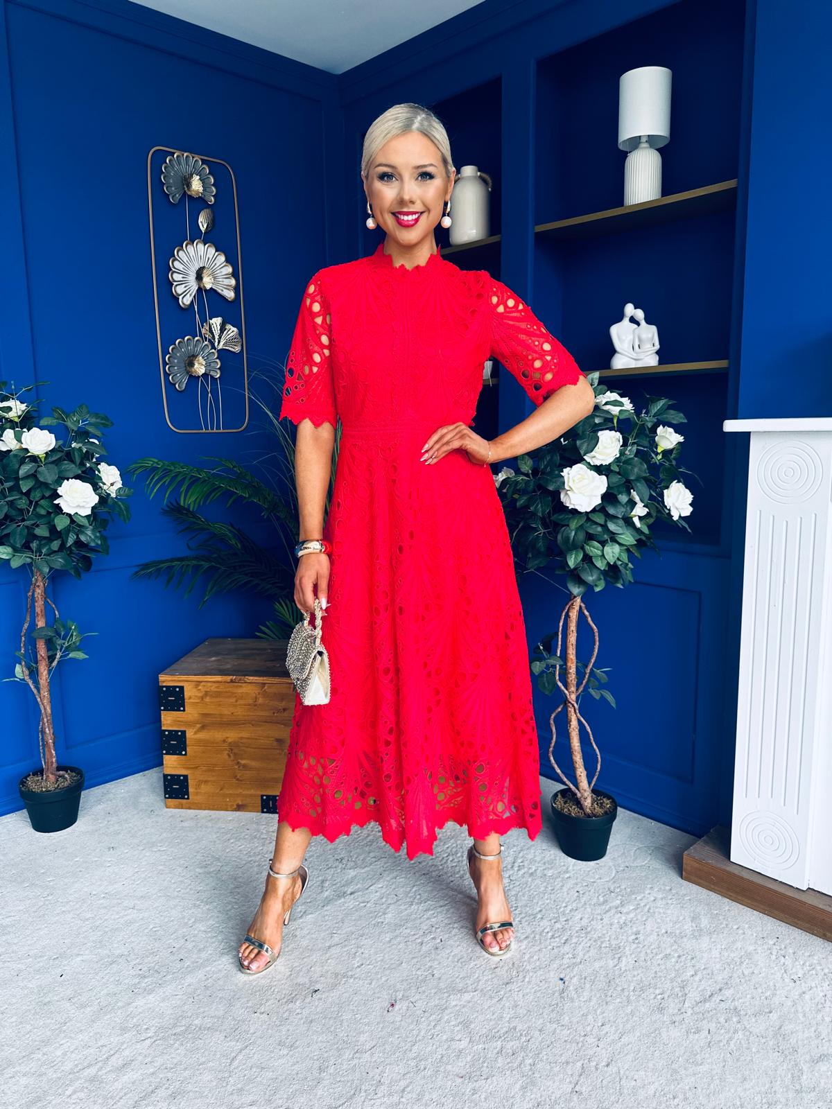 Alva Crochet Detail Occasion Dress Rouge
