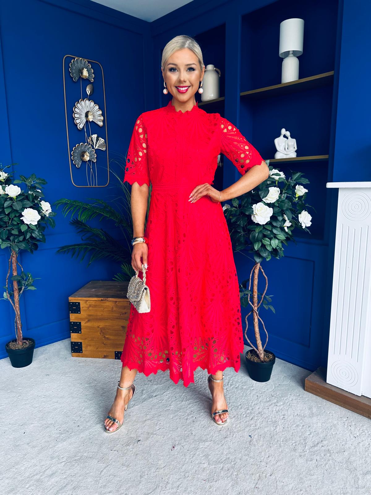 Alva Crochet Detail Occasion Dress Rouge