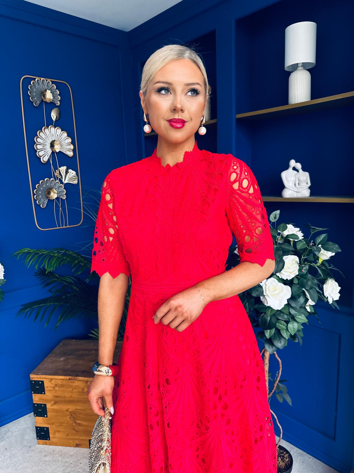 Alva Crochet Detail Occasion Dress Rouge