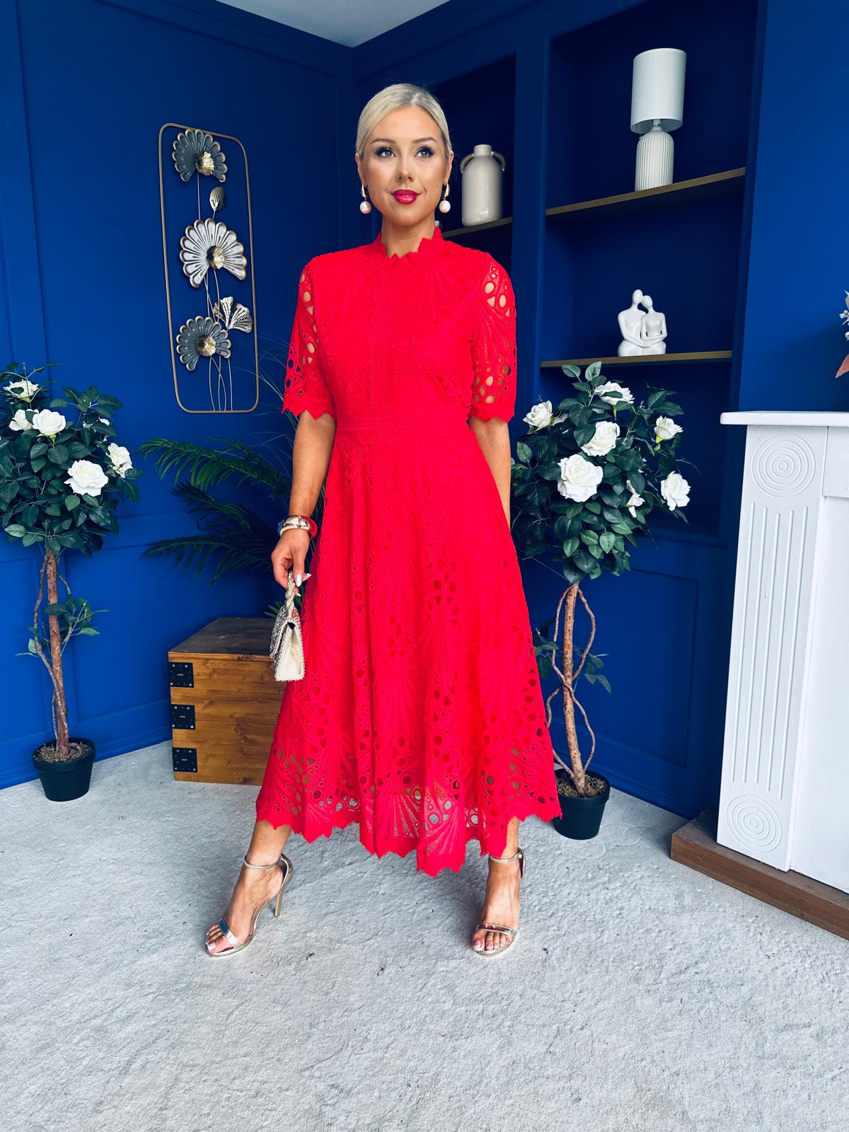 Alva Crochet Detail Occasion Dress Rouge