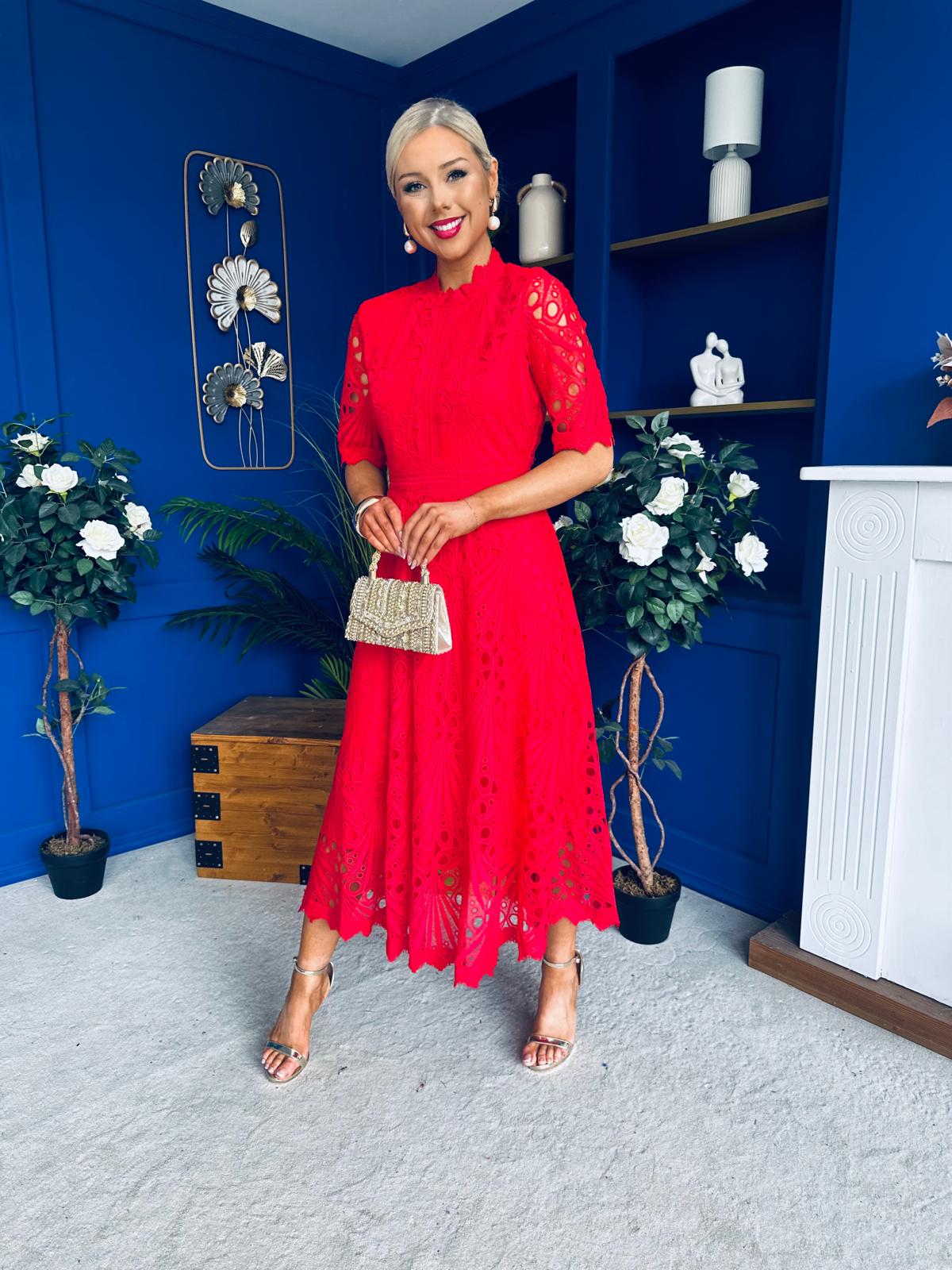 Alva Crochet Detail Occasion Dress Rouge