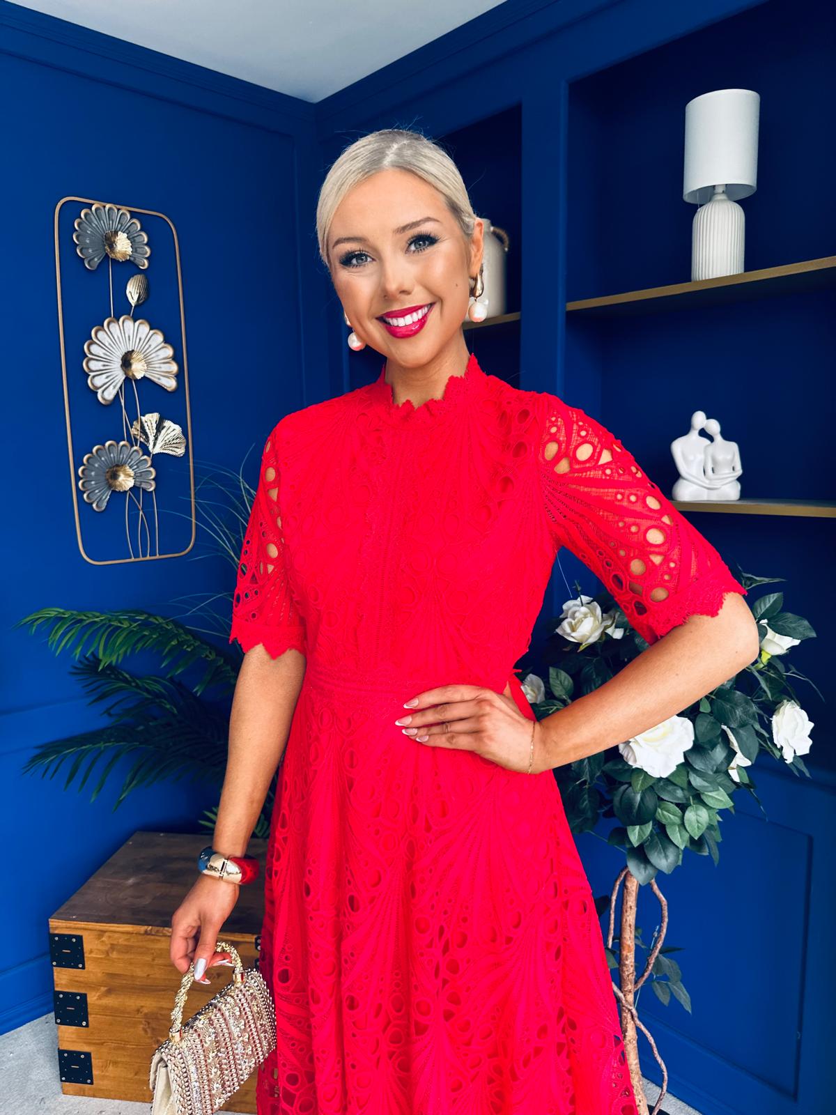 Alva Crochet Detail Occasion Dress Rouge