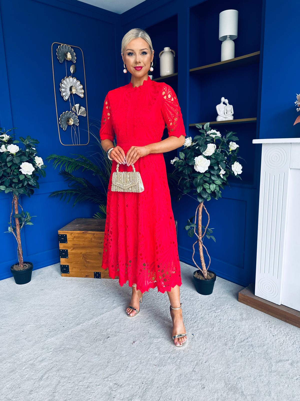 Alva Crochet Detail Occasion Dress Rouge