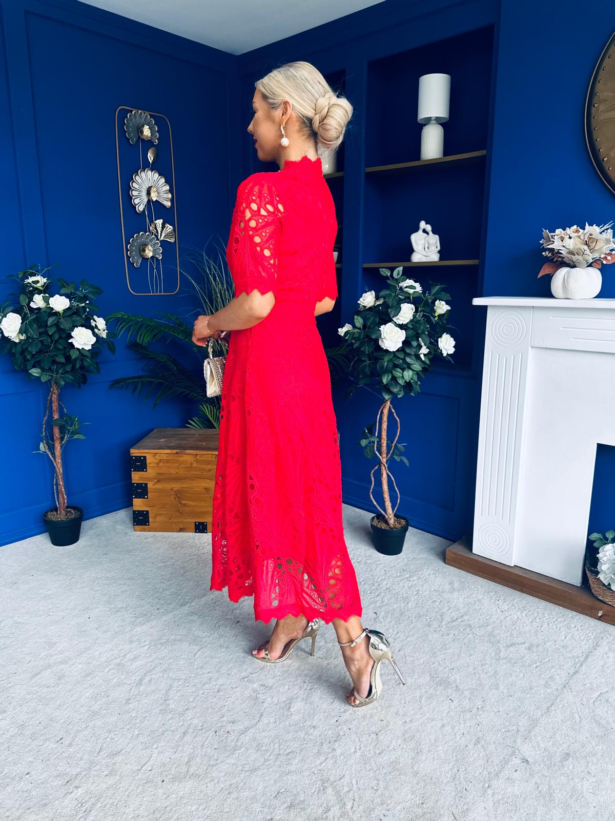 Alva Crochet Detail Occasion Dress Rouge