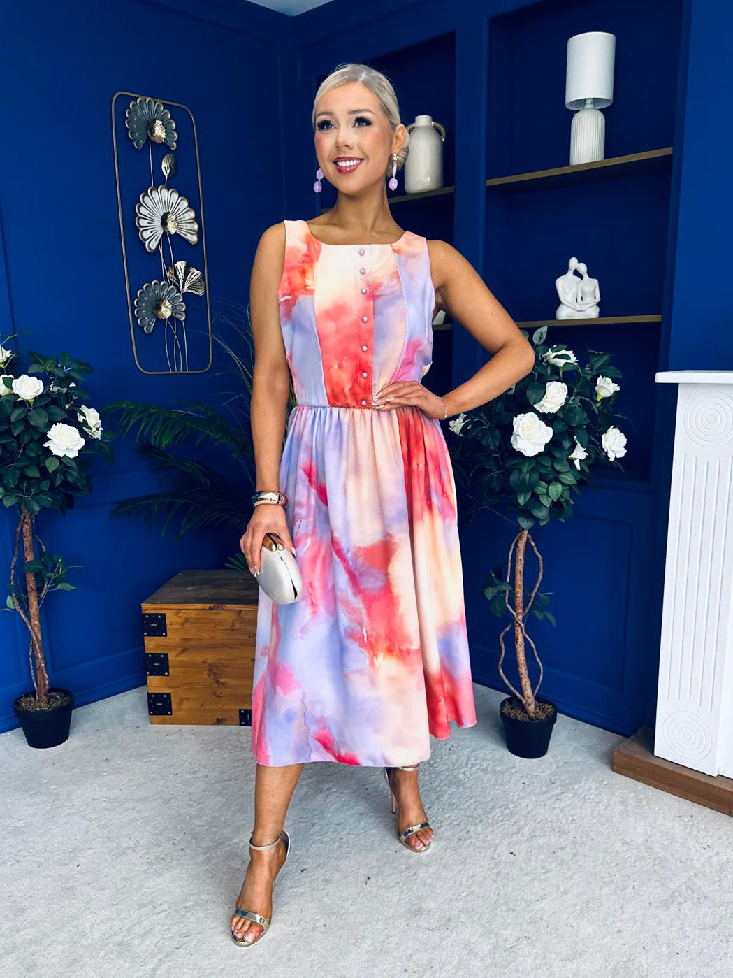 Kennedy Sleeveless Midi Dress Marble Coral