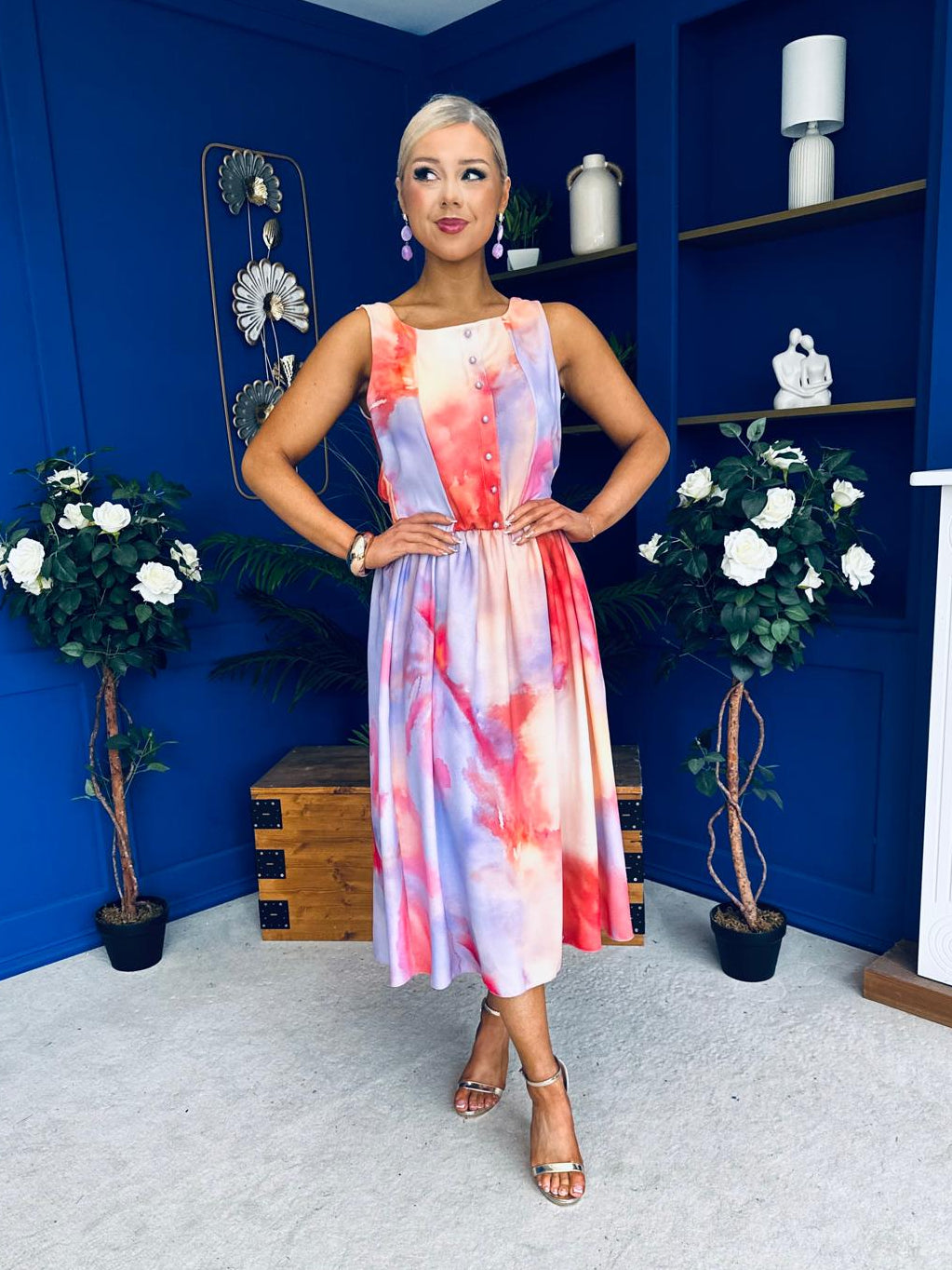 Kennedy Sleeveless Midi Dress Marble Coral