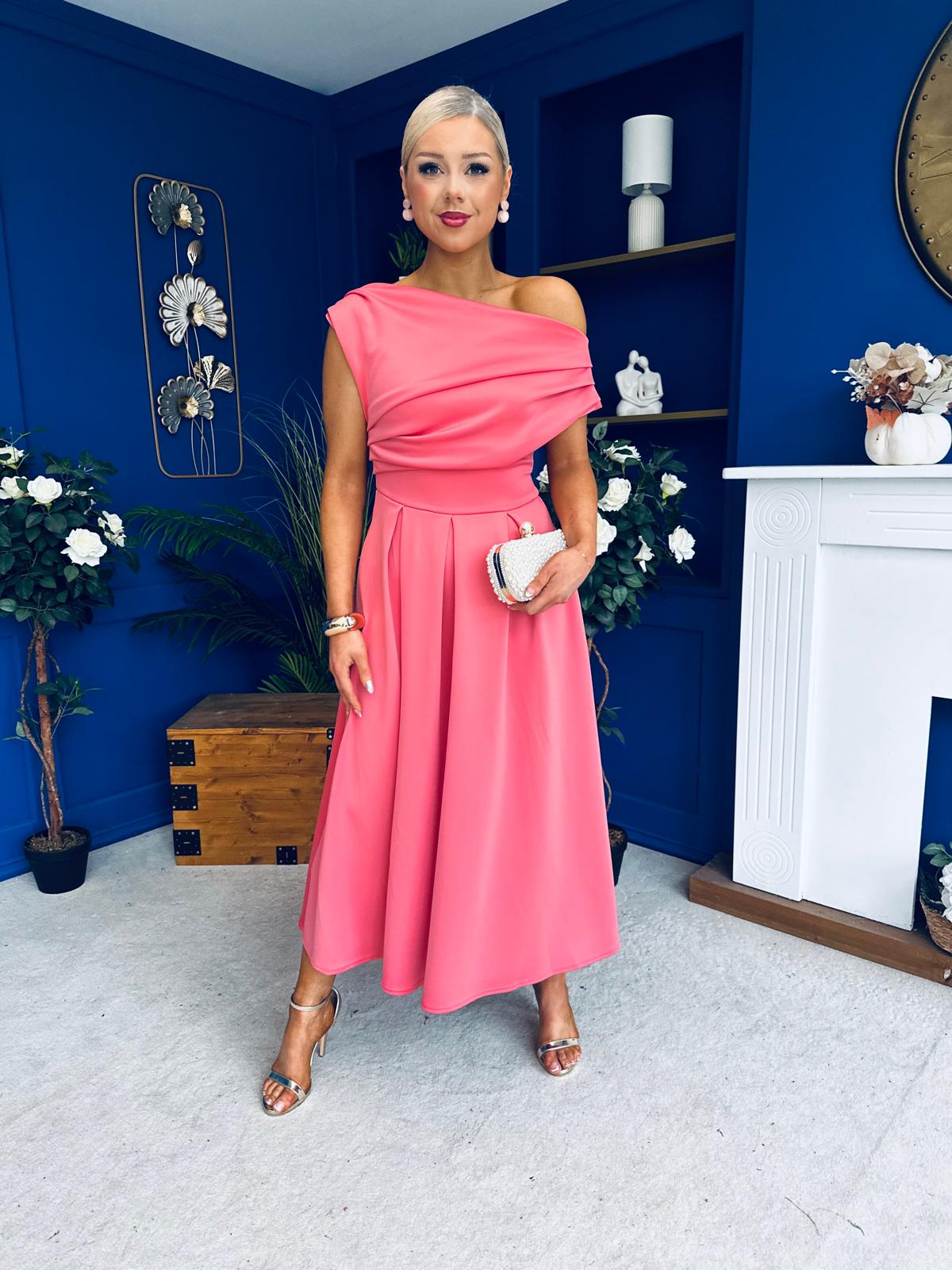 Breffy Asymmetric Neckline Skater Midi Rose