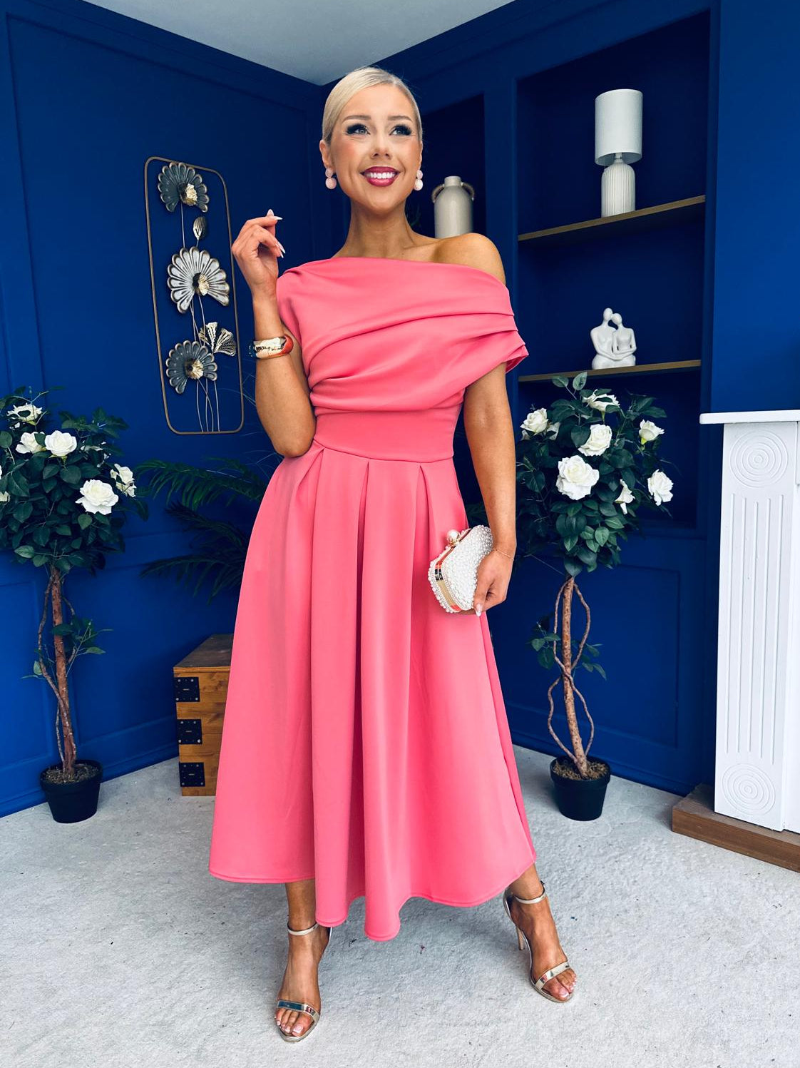 Breffy Asymmetric Neckline Skater Midi Rose