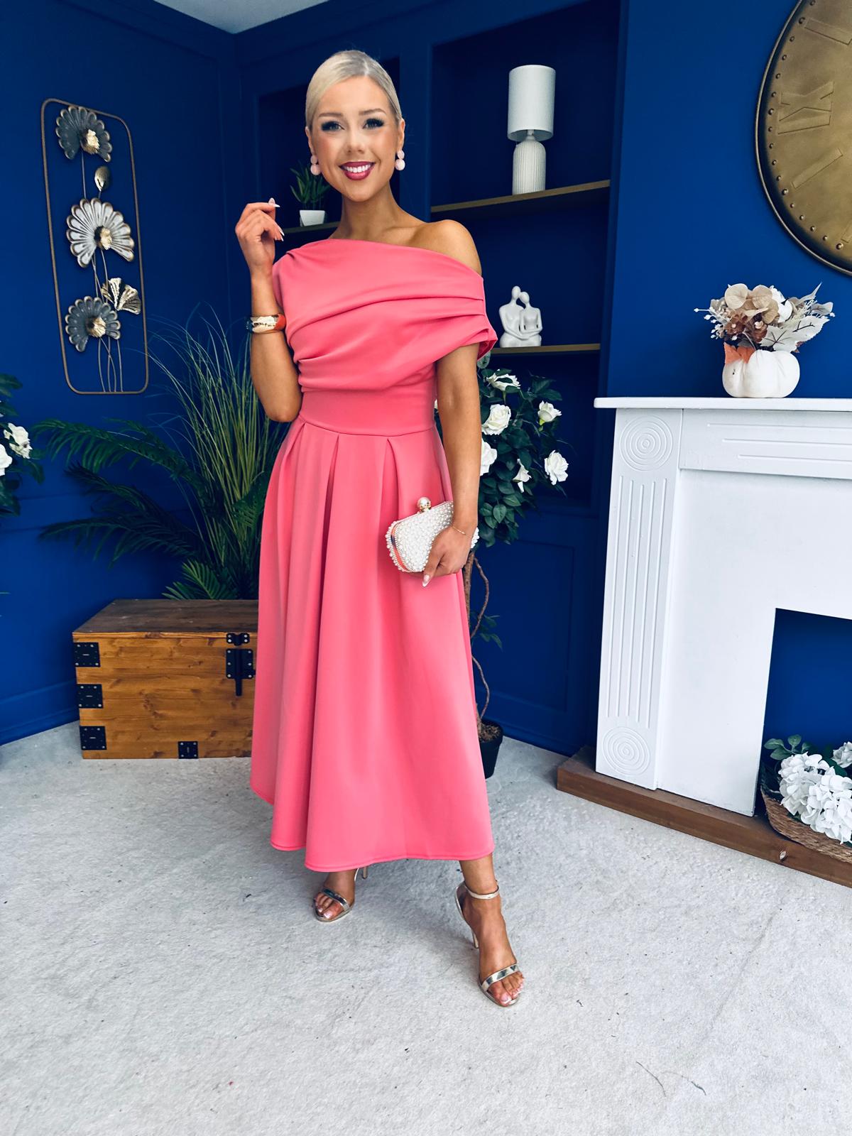 Breffy Asymmetric Neckline Skater Midi Rose