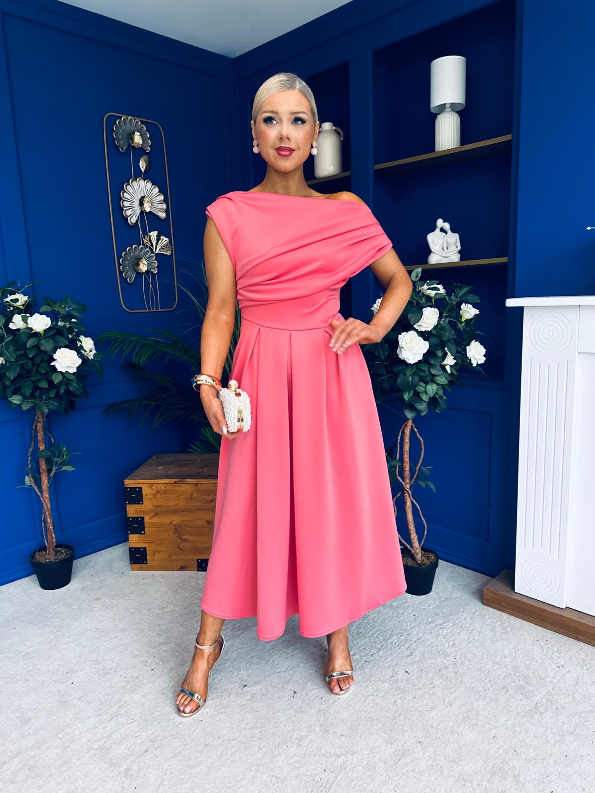Breffy Asymmetric Neckline Skater Midi Rose