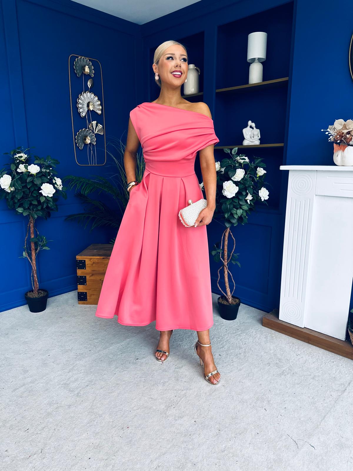 Breffy Asymmetric Neckline Skater Midi Rose