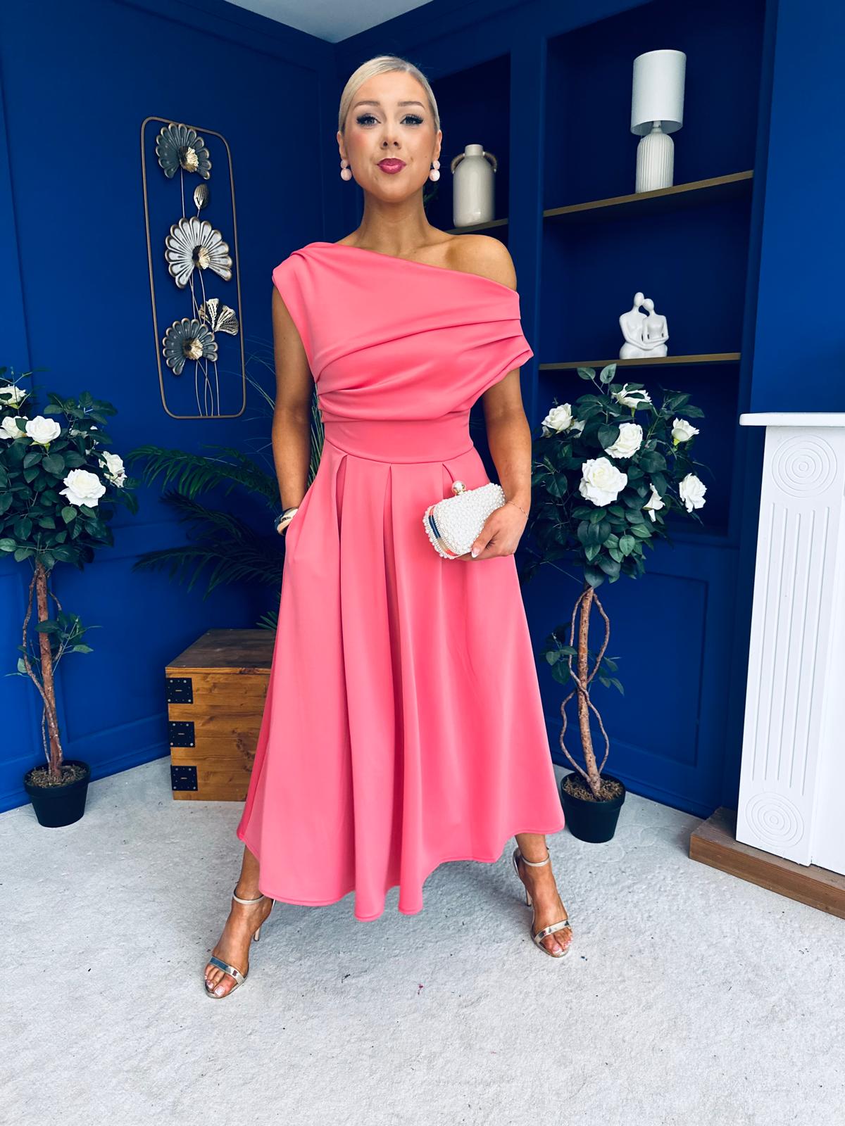 Breffy Asymmetric Neckline Skater Midi Rose