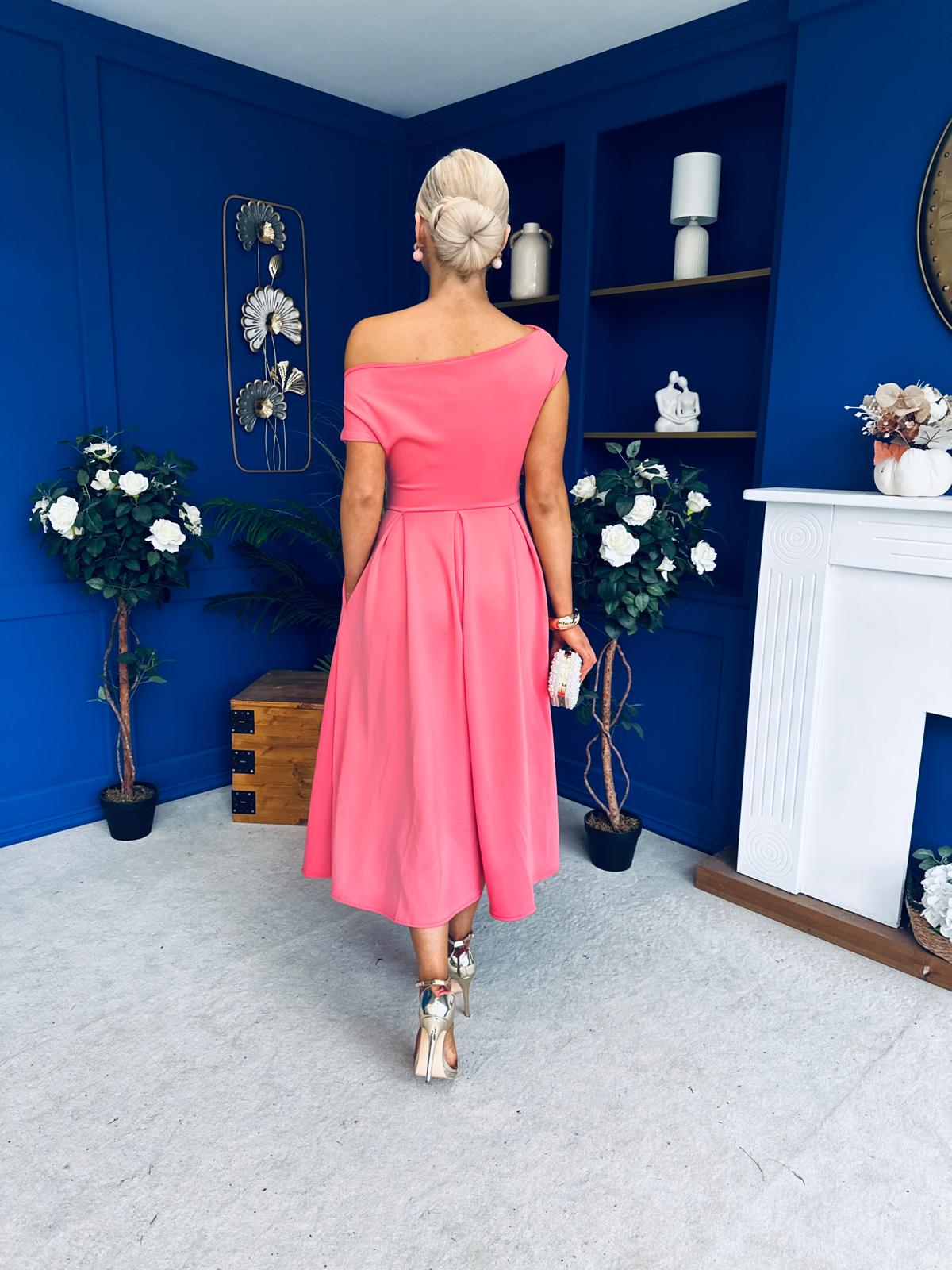 Breffy Asymmetric Neckline Skater Midi Rose