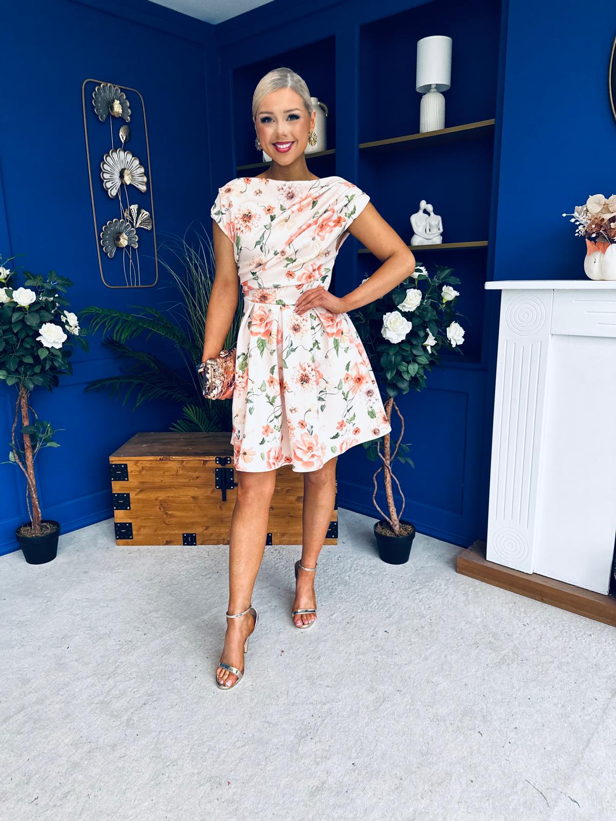 Betty Asymmetric Neckline Skater Mini Dress Peach