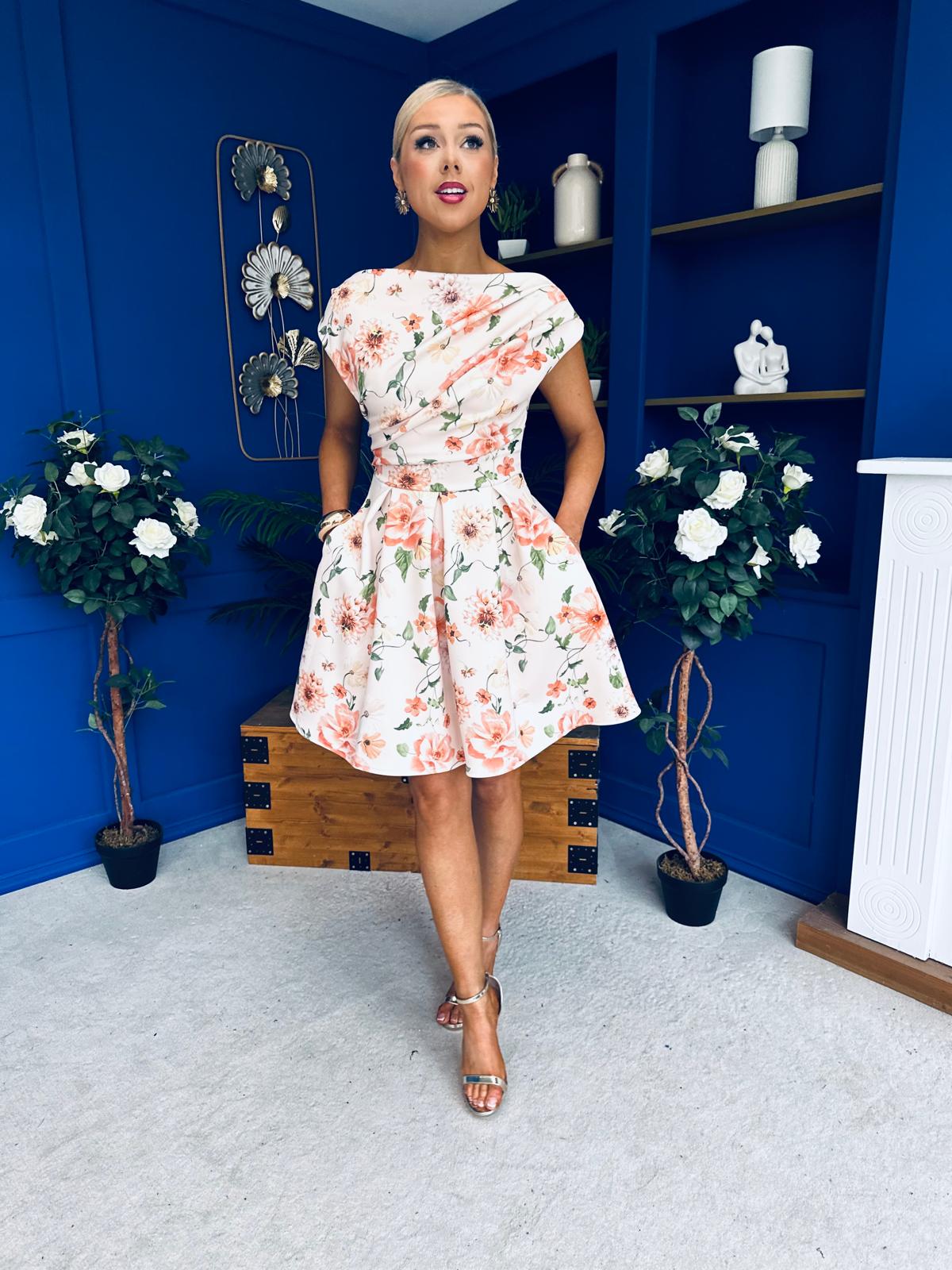 Betty Asymmetric Neckline Skater Mini Dress Peach