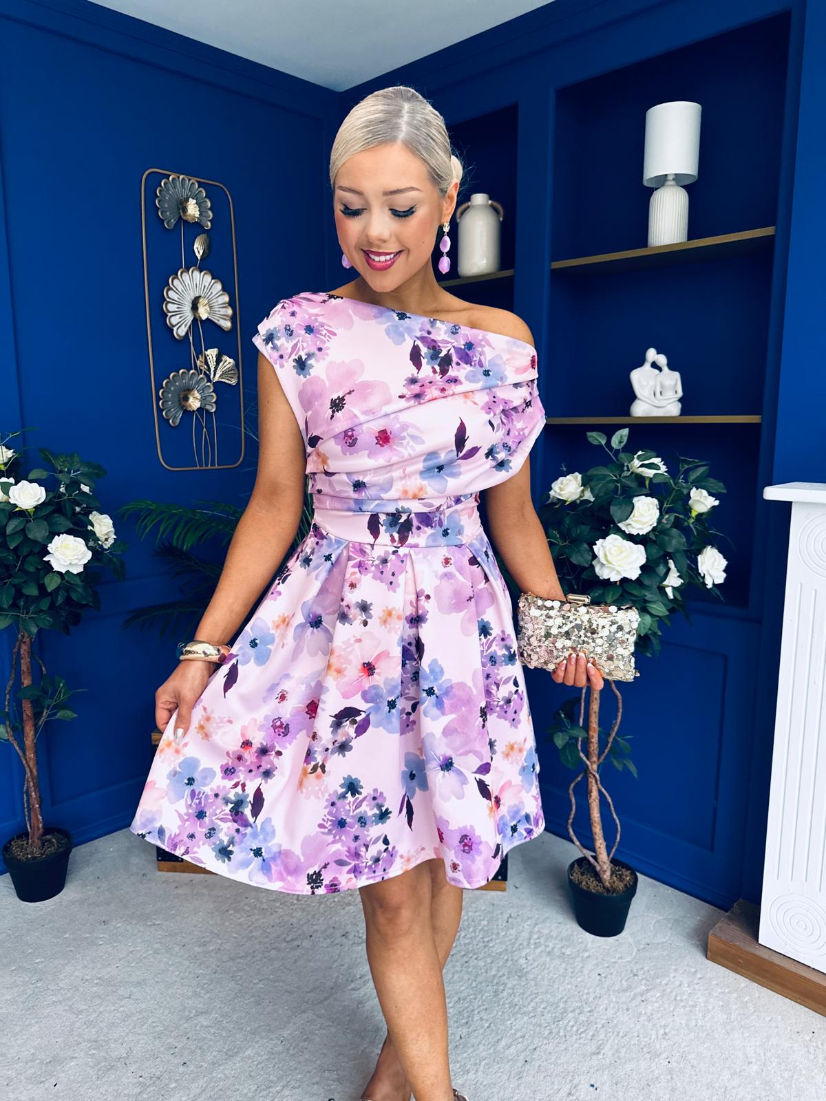 Betty Asymmetric Neckline Skater Mini Dress Lilac