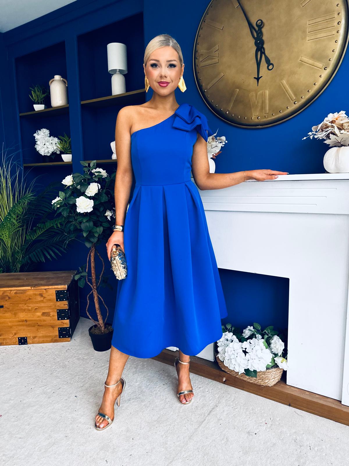 Natalie One Shoulder Bow Detail Occasion Dress Cobalt