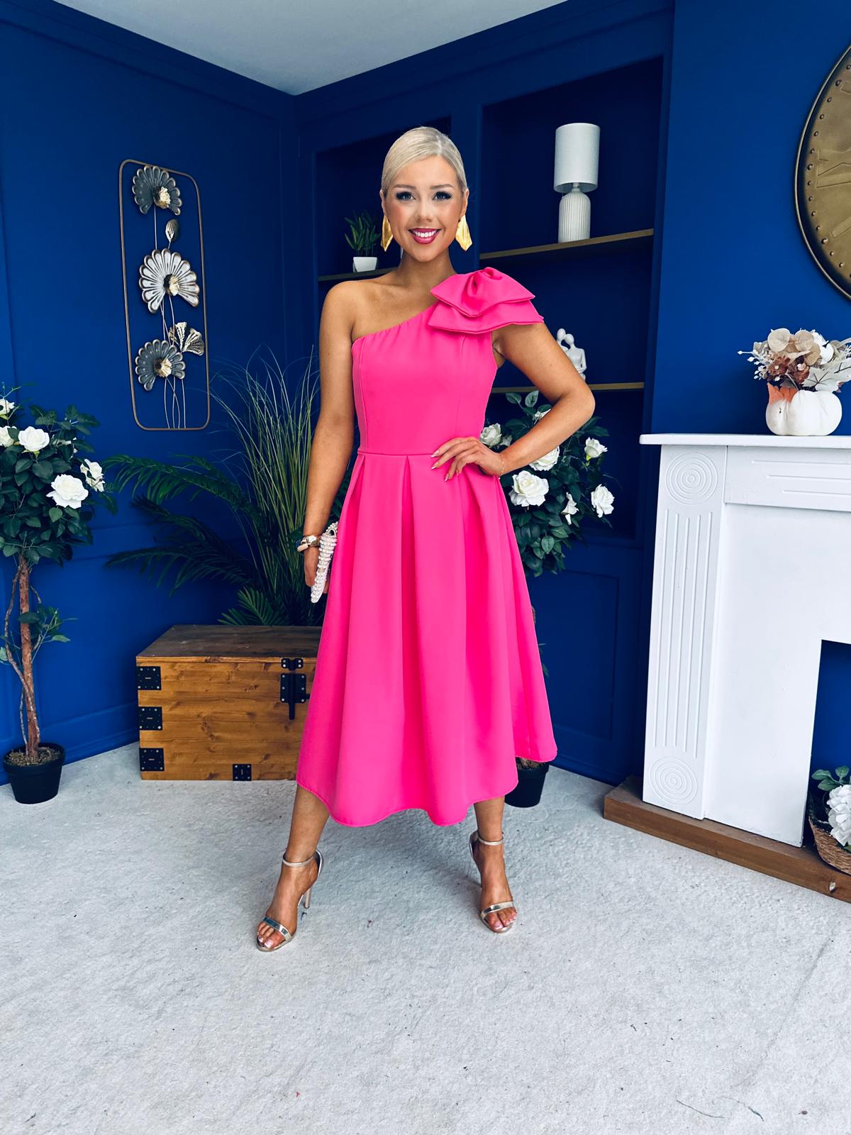 Natalie One Shoulder Bow Detail Occasion Dress Hot Pink
